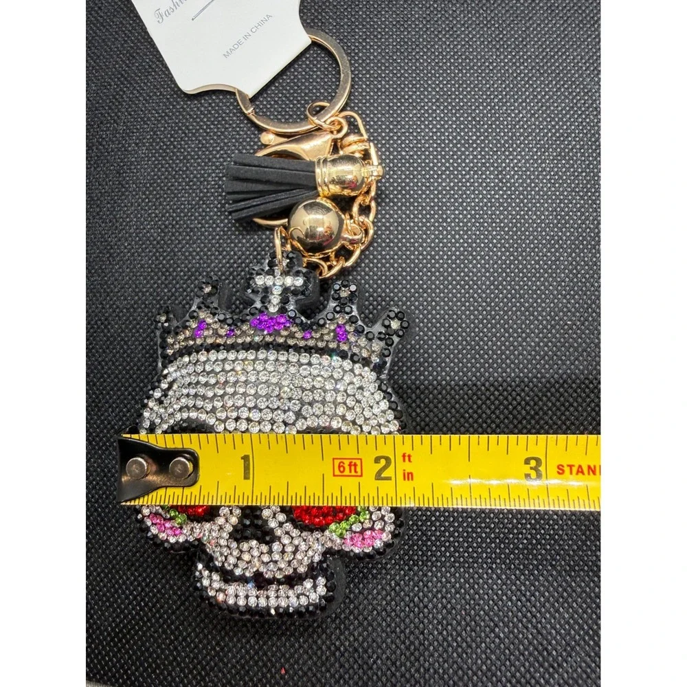 Rhinestone Sugar Skull Keychain Crown Tassel Gold Tone Bag Charm Day of the Dead